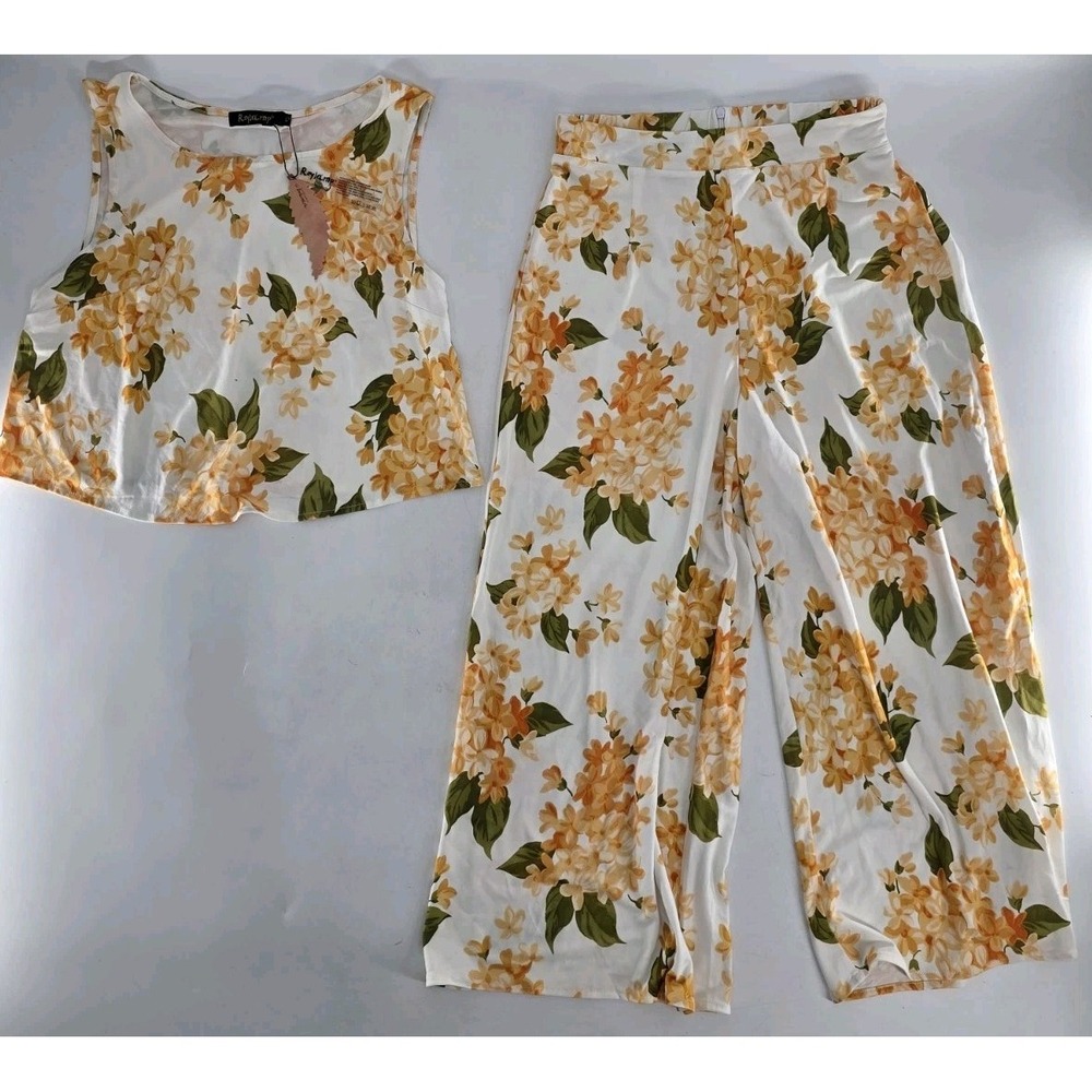 Roylamp Crop Tanktop Wide Leg Pant Set XS White/Y Floral Stretch Artsy Lagenlook
